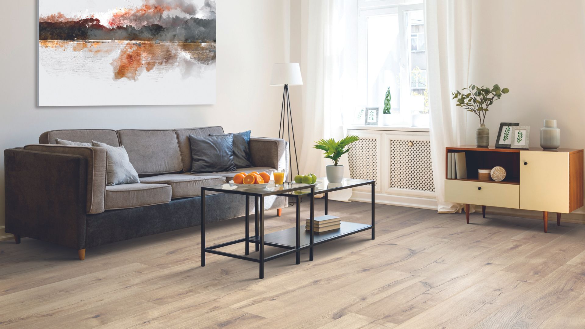Wood-look laminate floors in a living room.